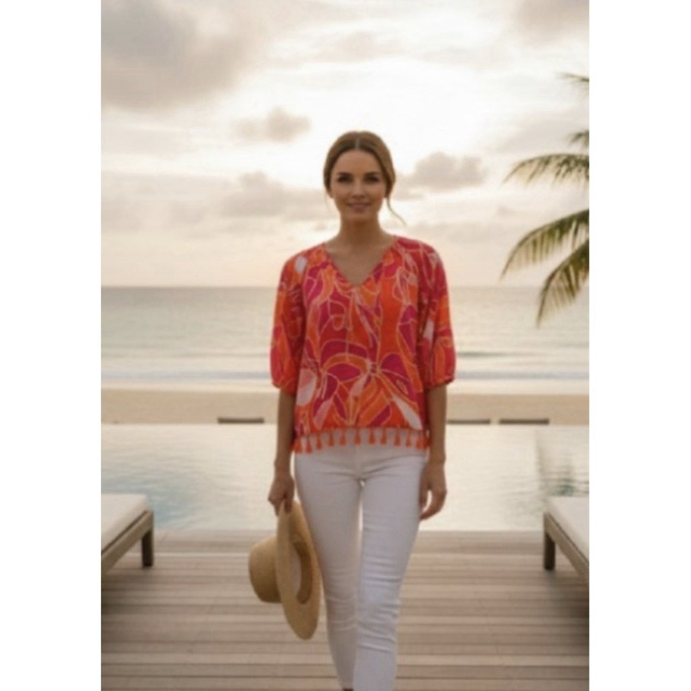 Christian Siriano Kaftan Top Pink Orange Tassel Boho Resort Oversized Tunic
